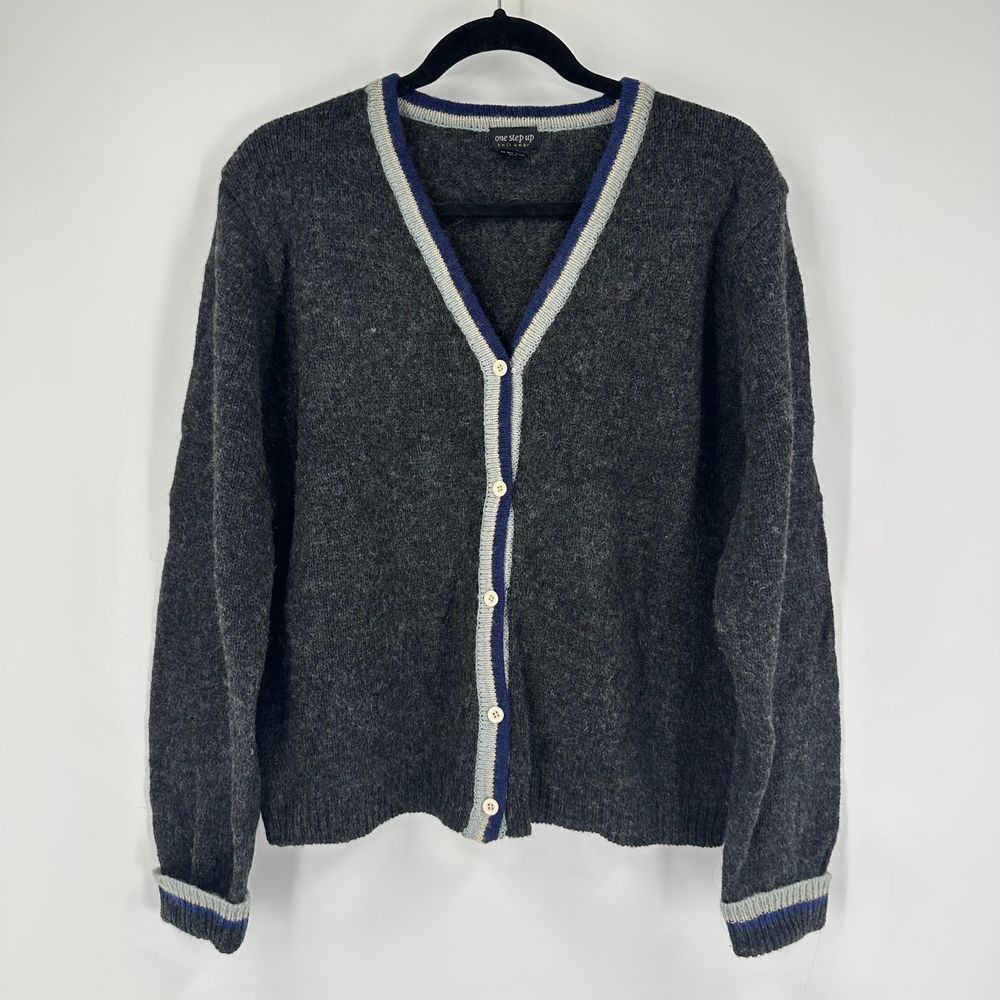 Vintage One Step Up Dark Grey 100% Shetland Wool Womens Medium Button Up Sweater